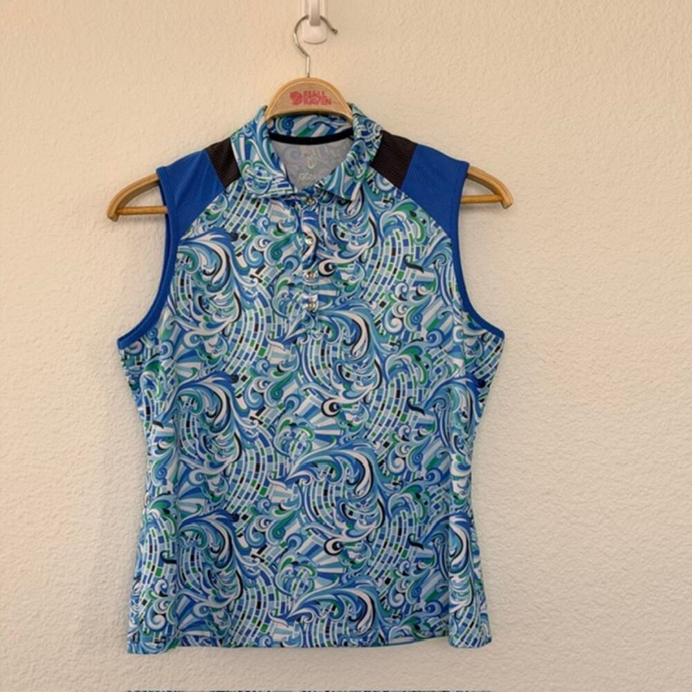 GGblue Luxe Sport Golf Polo Top Womens Large Blue Paisley Athletic Tennis Preppy
